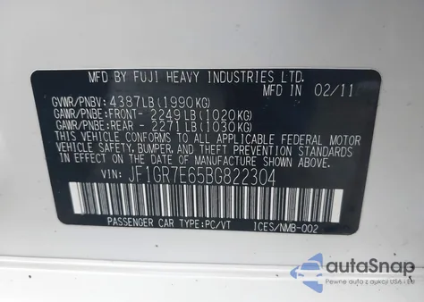 2011 Subaru Impreza Wrx from USA, damaged, VIN JF1GR7E65BG822304